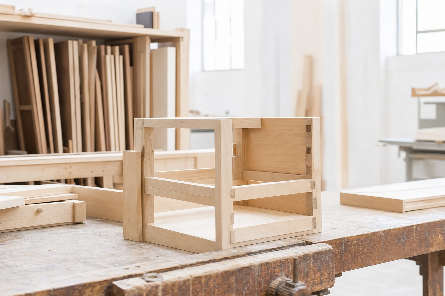 Un tavolo di legno con panca accostata davanti a una finestra, in una stanza vuota.
