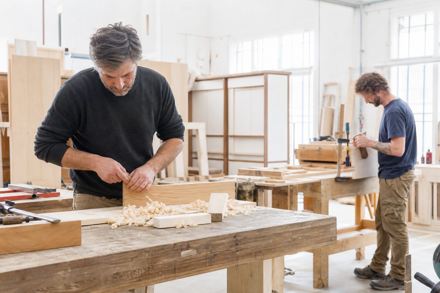 Un uomo in piedi accanto a un tavolo da lavoro, dentro un ambiente spoglio.